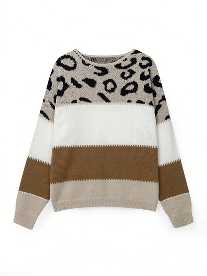 Pull Femme Automne Hiver Imprimé Léopard Color Block Épaules Dénudées Manches Longues Ample Élégant Décontracté — 8
