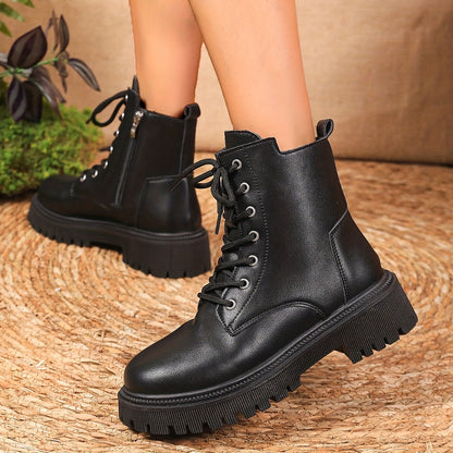 Bottines Courtes à Plateforme Unies pour Femmes, Bottines à Lacets et Fermeture Éclair Latérale, Bottines Confortables pour Femmes, Chaussures pour Femmes — 8