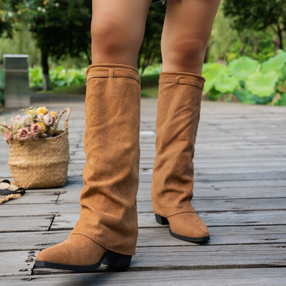 Bottes de cowboy vintage western pour femmes, bottes de monte à talons épais et bout rond, bottes longues rétro décontractées, bottes amples plissées et gonflées, bottes amples sur la jambe, chaussures pour femmes — 8