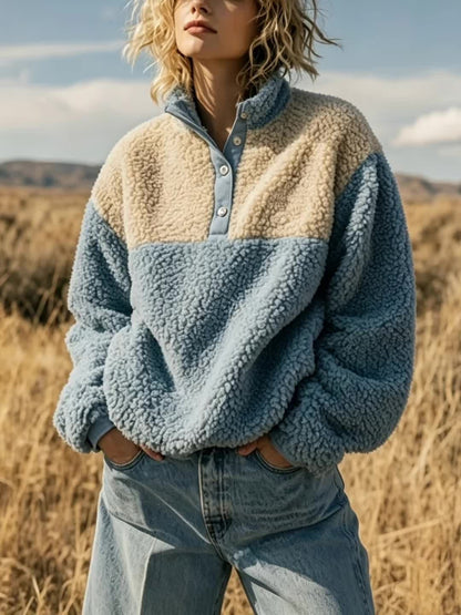 YYTT Automne Hiver Nouvelle Mode Femme Décontractée Color-Block Demi-Boutonnée Peluche Polyvalente Sweat à Manches Courtes pour Trajet/Vacances/Fête/Nouvel An/Noël — 12