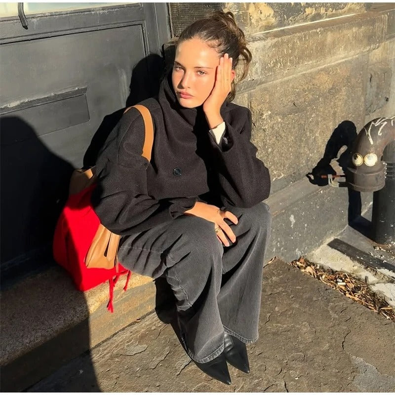 Manteau élégant femmes mélange de laine avec boutons – Vêtement d'hiver à col montant — 3