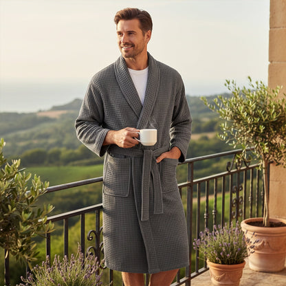The Eastbourne Men's Cotton Waffle Lightweight Spa Bathrobe with Belt — 11