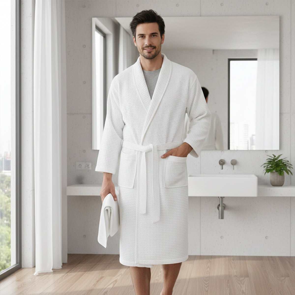 The Eastbourne Men's Cotton Waffle Lightweight Spa Bathrobe with Belt — 12
