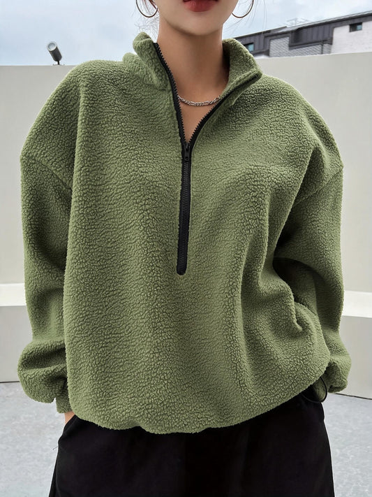 Sweat-shirt en polaire à demi-zip et épaules tombantes avec applique détaillée, le choix parfait pour l'automne et l'hiv