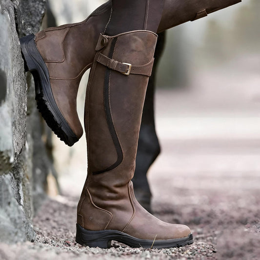 Evelyn | Bottes en cuir imperméables pour femmes, hauteur genou, avec boucle et sangle pour équitation