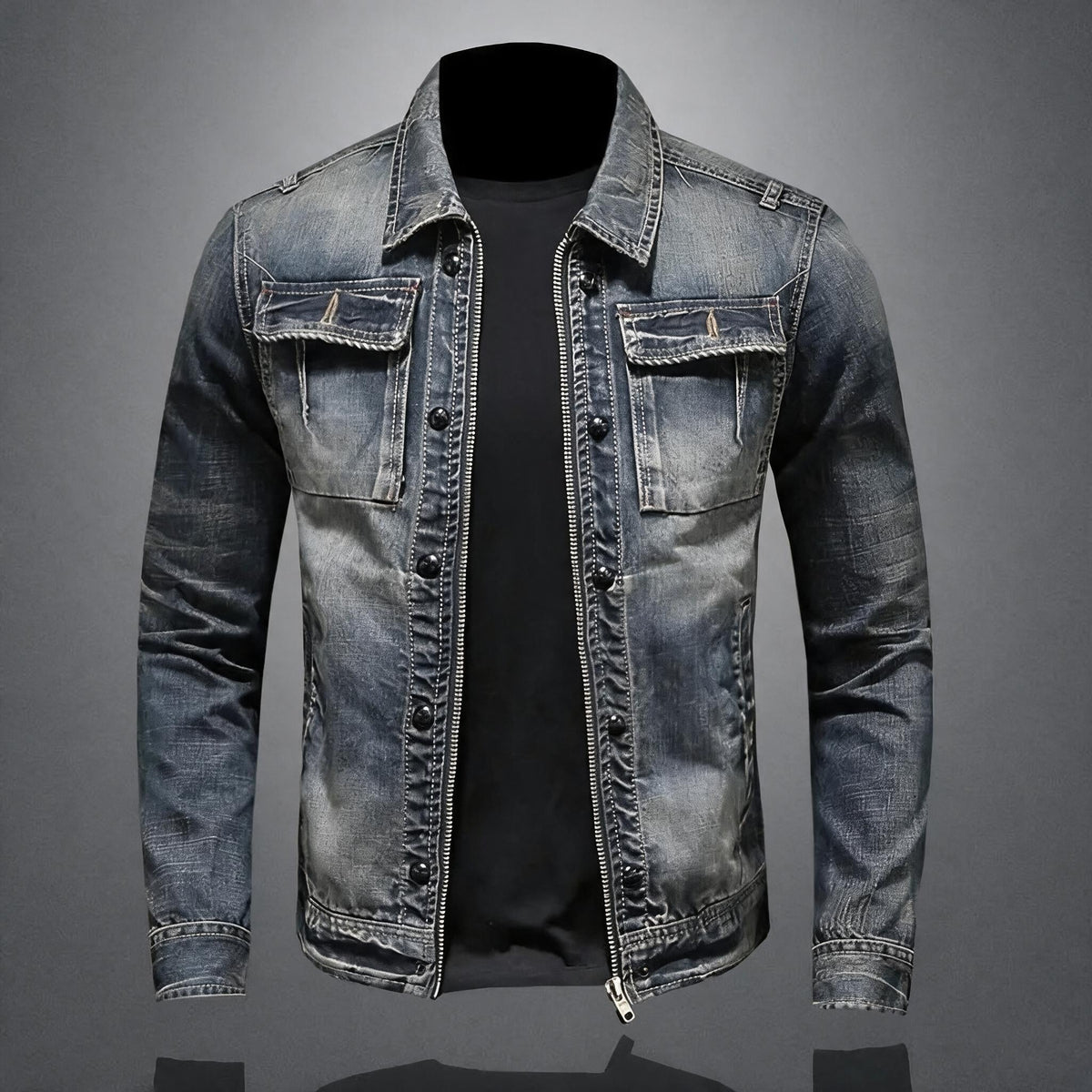 Lucas | Veste zippée en denim délavé rétro pour homme, manteau décontracté