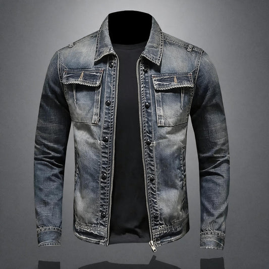 Lucas | Veste zippée en denim délavé rétro pour homme, manteau décontracté