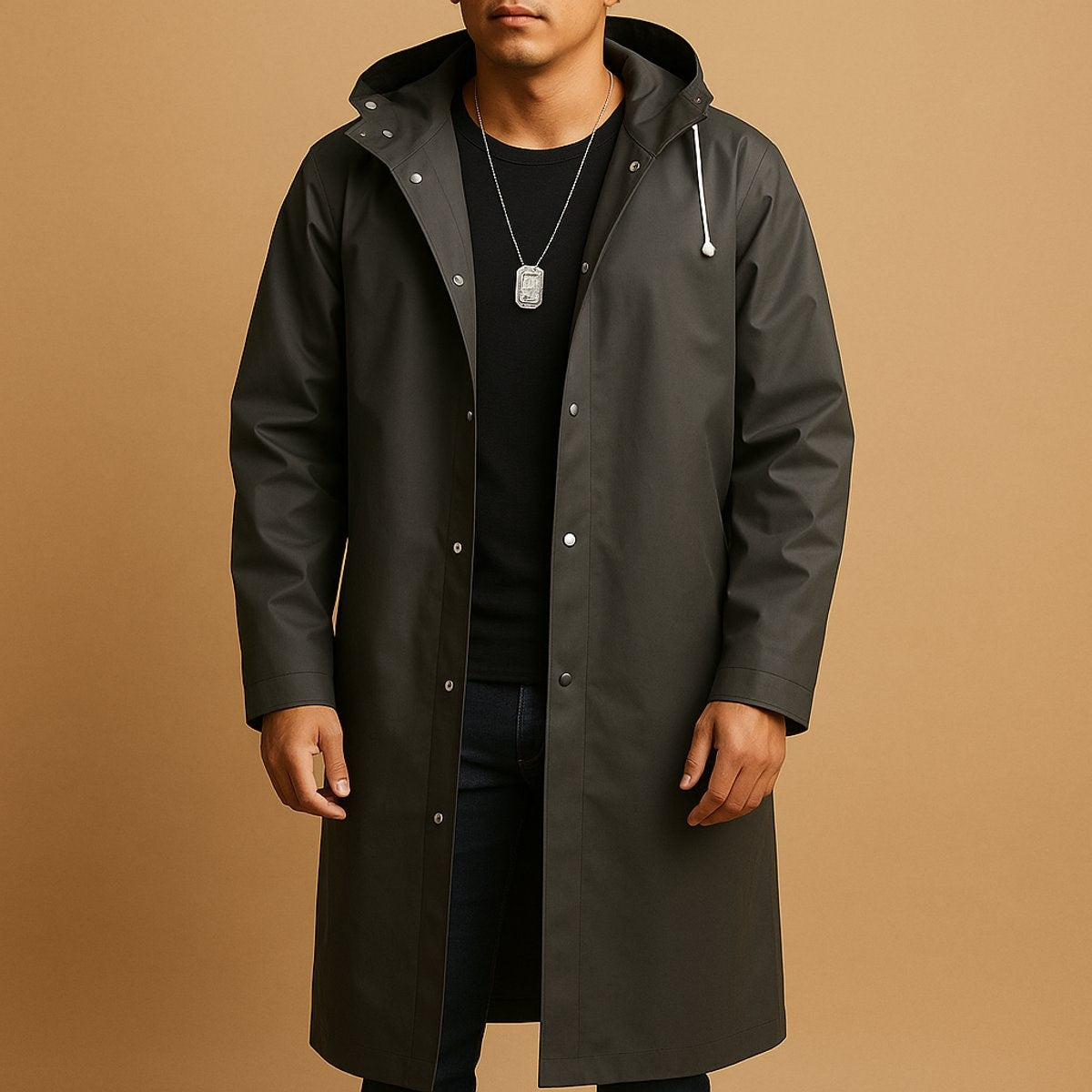 Ryan | Veste de pluie longue pour homme avec capuche imperméable à boutons pression — 1