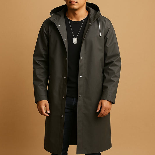 Ryan | Veste de pluie longue pour homme avec capuche imperméable à boutons pression — 1