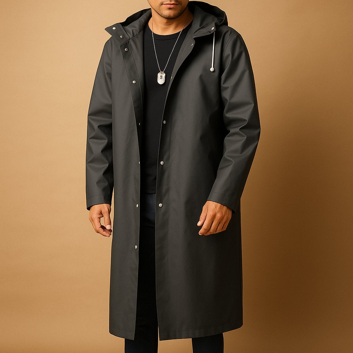 Ryan | Veste de pluie longue pour homme avec capuche imperméable à boutons pression — 3