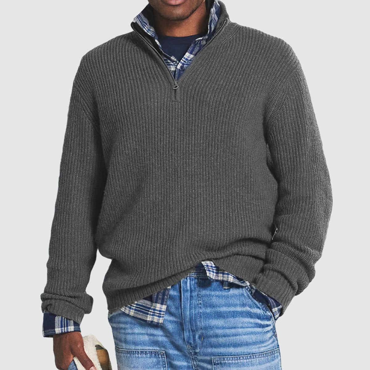 Nathan | Pull en tricot côtelé à col zippé pour hommes, style affaires décontracté — 1