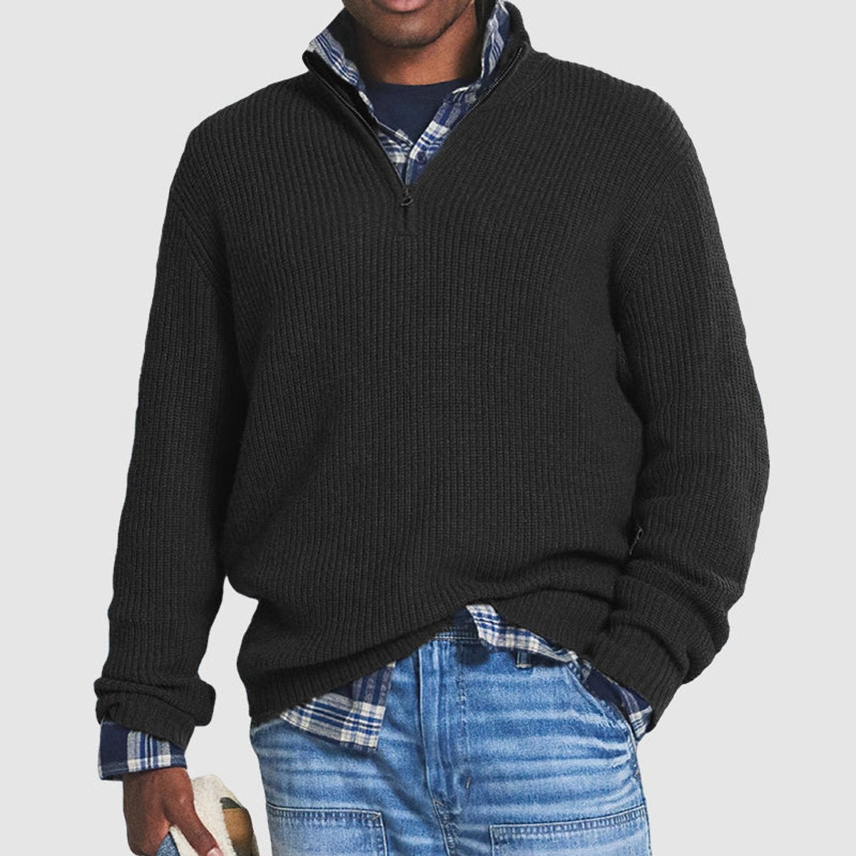 Nathan | Pull en tricot côtelé à col zippé pour hommes, style affaires décontracté — 2