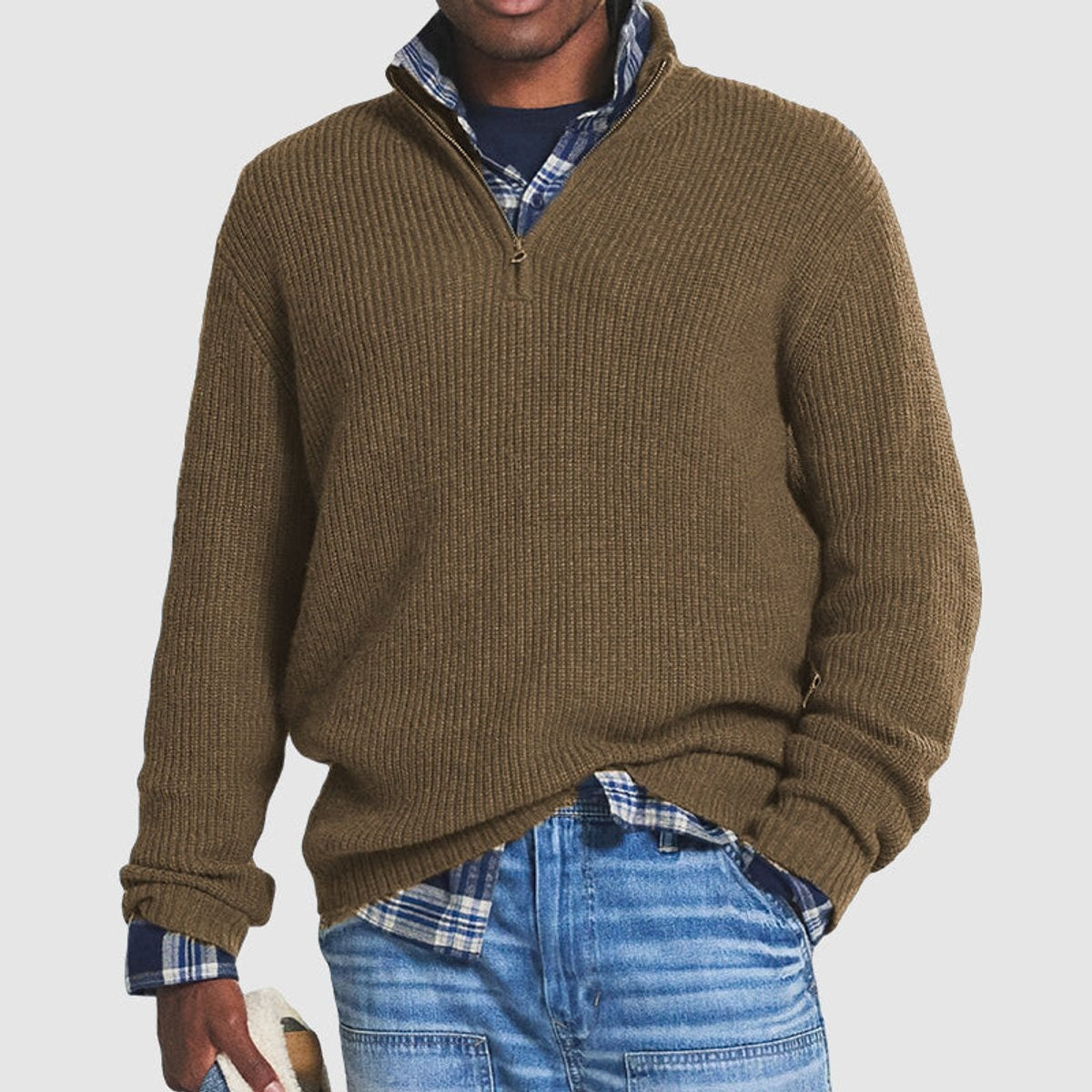 Nathan | Pull en tricot côtelé à col zippé pour hommes, style affaires décontracté — 4