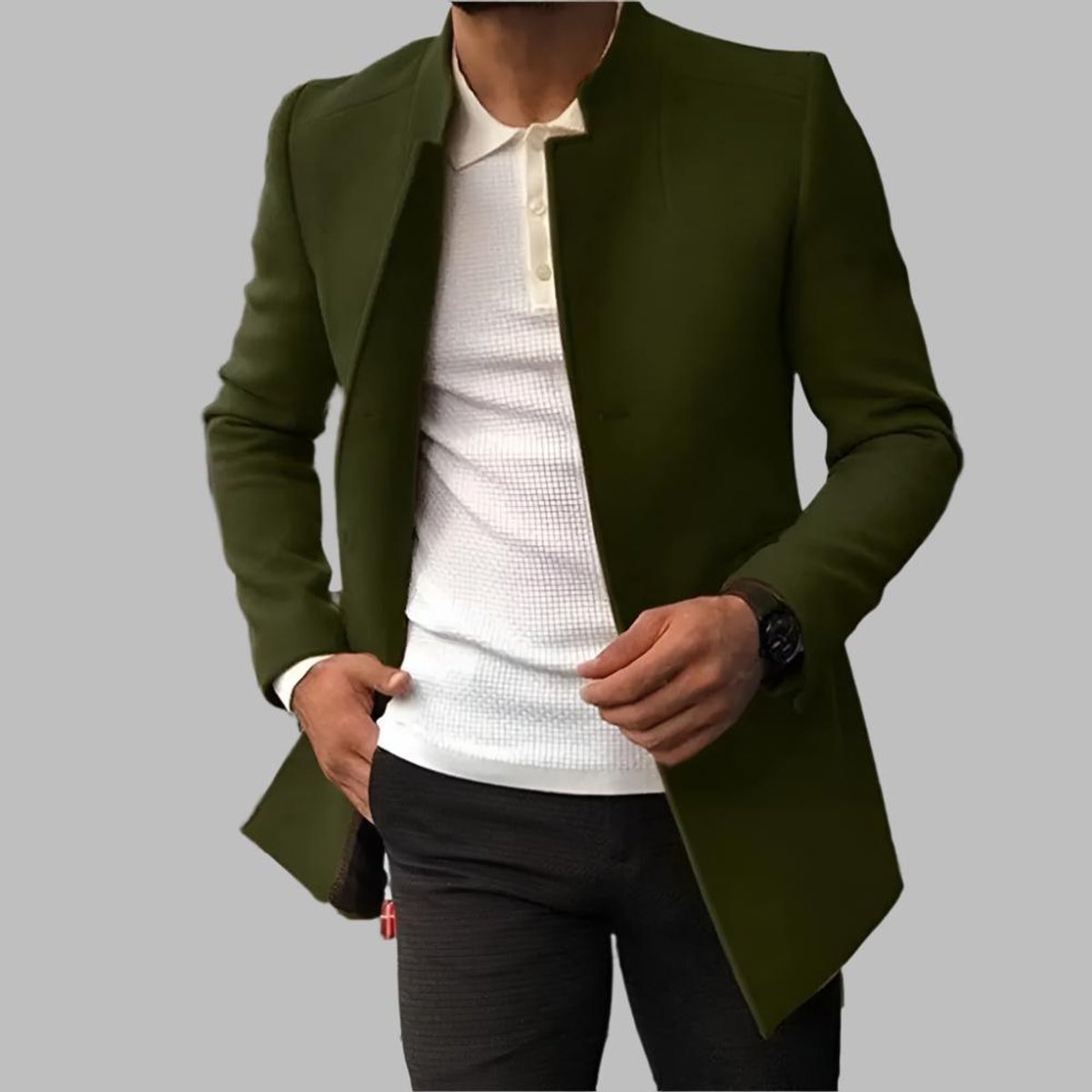 Alexander | Manteau en laine pour homme, coupe slim sans col, ouvert à l'avant — 1