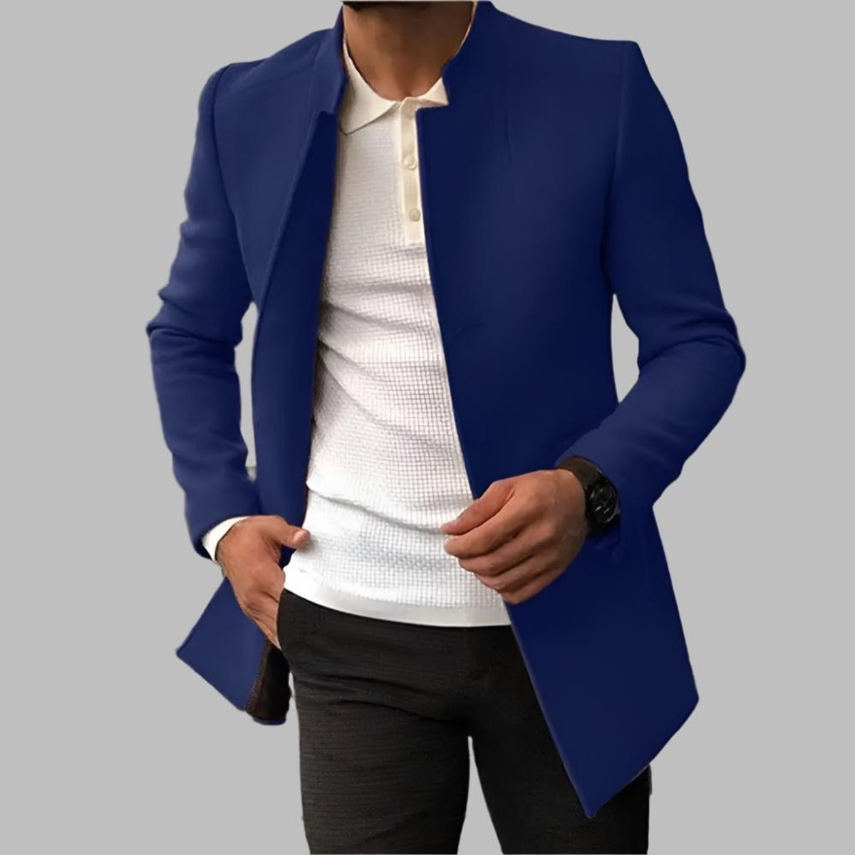 Alexander | Manteau en laine pour homme, coupe slim sans col, ouvert à l'avant — 2