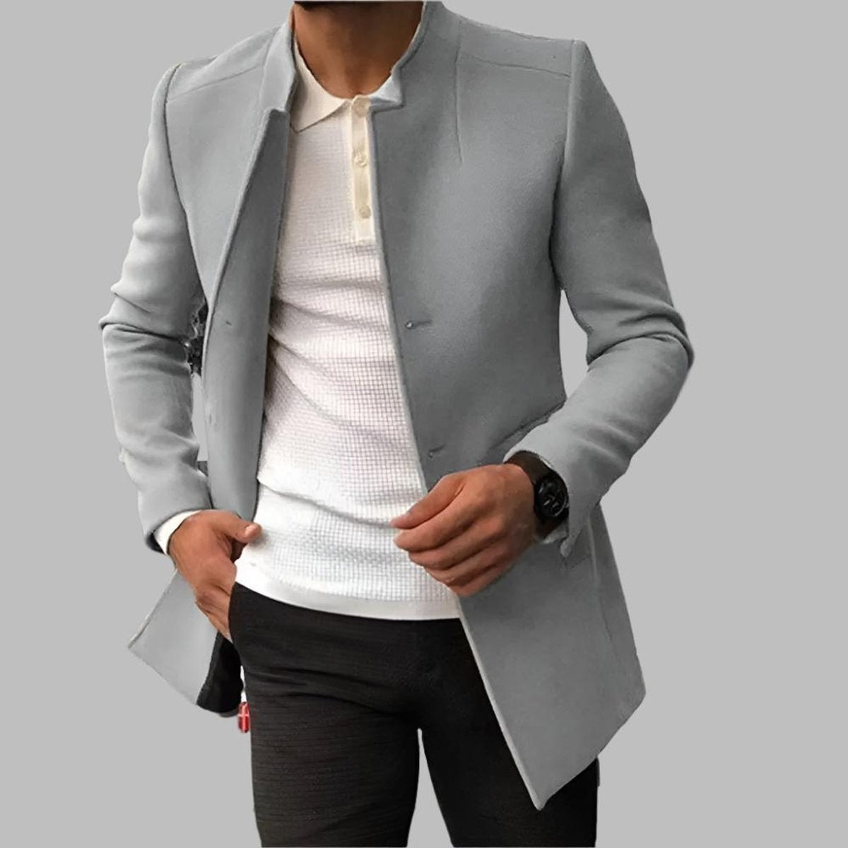 Alexander | Manteau en laine pour homme, coupe slim sans col, ouvert à l'avant — 3