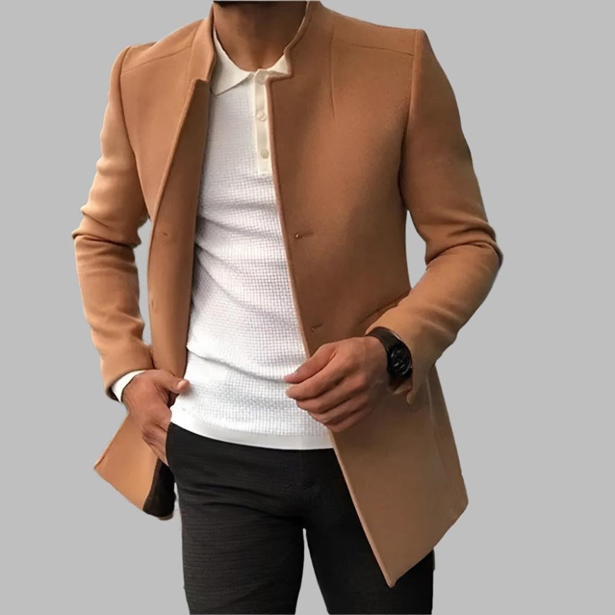 Alexander | Manteau en laine pour homme, coupe slim sans col, ouvert à l'avant — 4