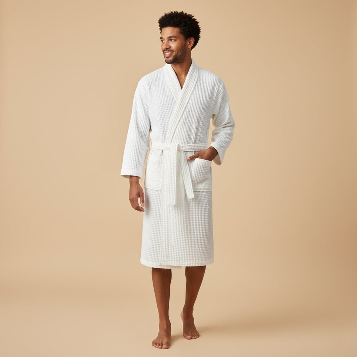 The Eastbourne Men's Cotton Waffle Lightweight Spa Bathrobe with Belt — 6