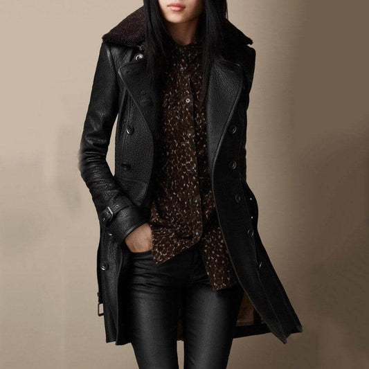 Emma | Women's 3/4 Length Double-Breasted Shearling-Collar Leather Jacket