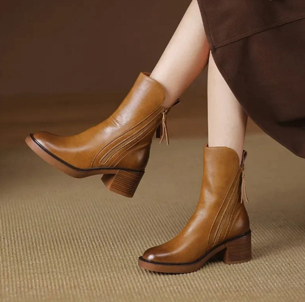 Victoria | Women's Block-Heel Side-Zip Leather Ankle Boots — 1