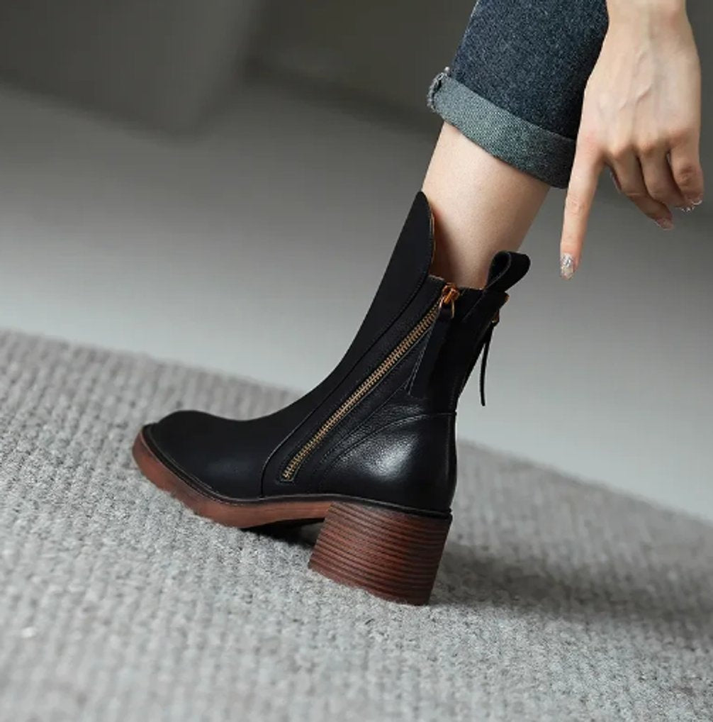 Victoria | Women's Block-Heel Side-Zip Leather Ankle Boots — 5