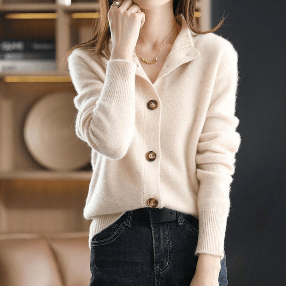 Luna | Women's Cashmere Blend Button-Front Mock Neck Cardigan — 3