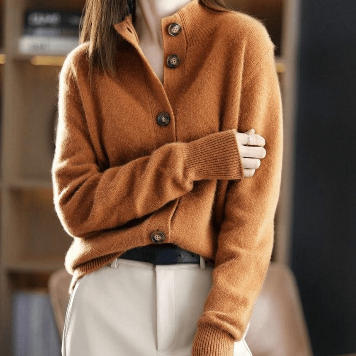 Luna | Women's Cashmere Blend Button-Front Mock Neck Cardigan — 4