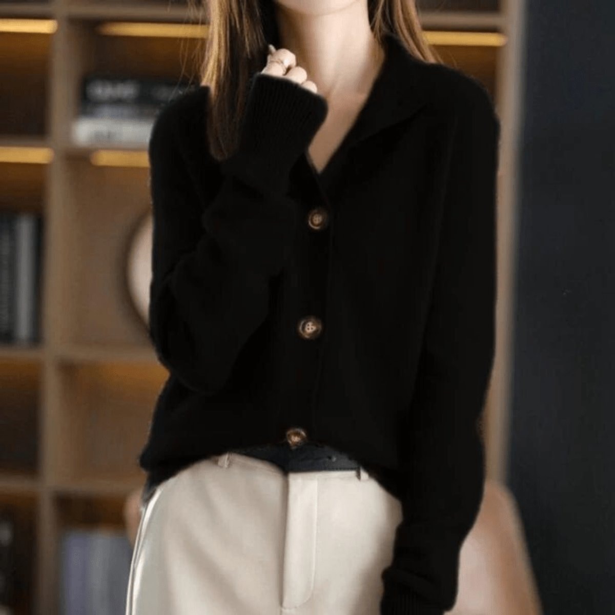 Luna | Women's Cashmere Blend Button-Front Mock Neck Cardigan — 6