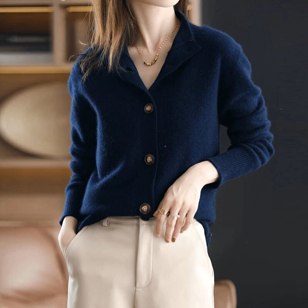 Luna | Women's Cashmere Blend Button-Front Mock Neck Cardigan — 7