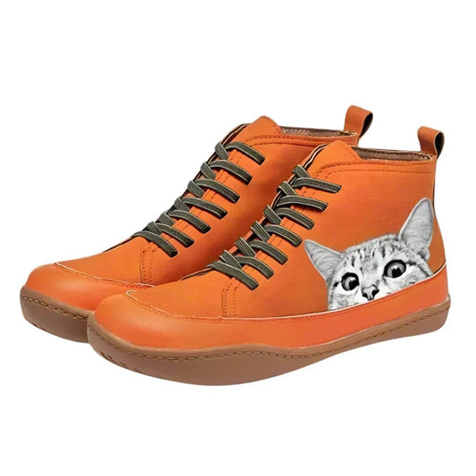Sophia | Women's Cat Print Lace-Up High-Top Leather Ankle Boots — 1