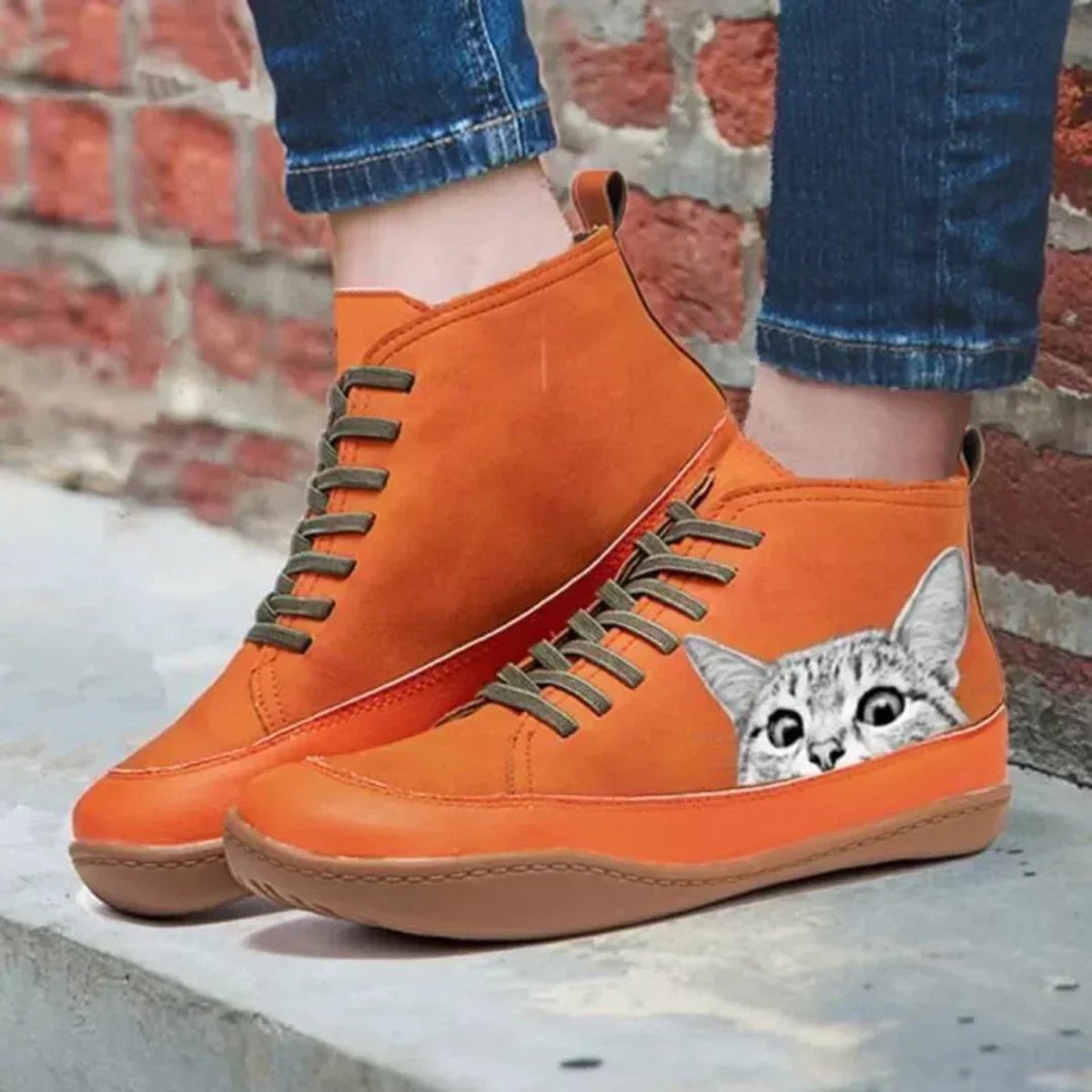 Sophia | Women's Cat Print Lace-Up High-Top Leather Ankle Boots — 7