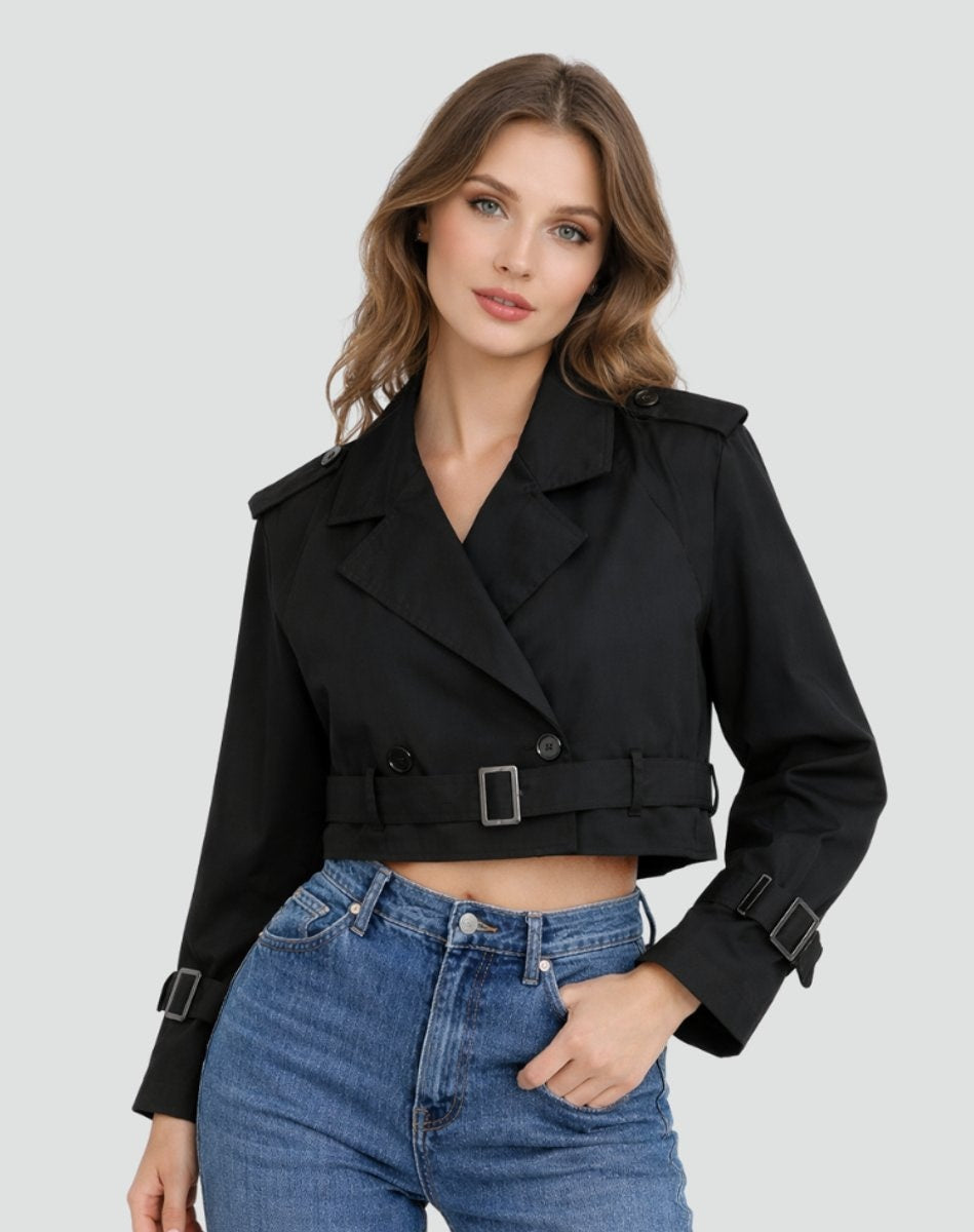 Emma | Women's Cropped Double-Breasted Belted Trench Coat Jacket — 10