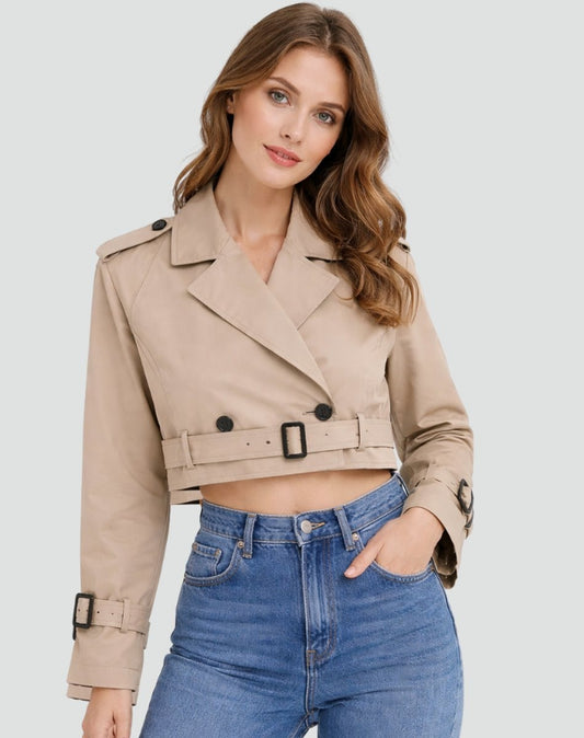 Emma | Women's Cropped Double-Breasted Belted Trench Coat Jacket — 1