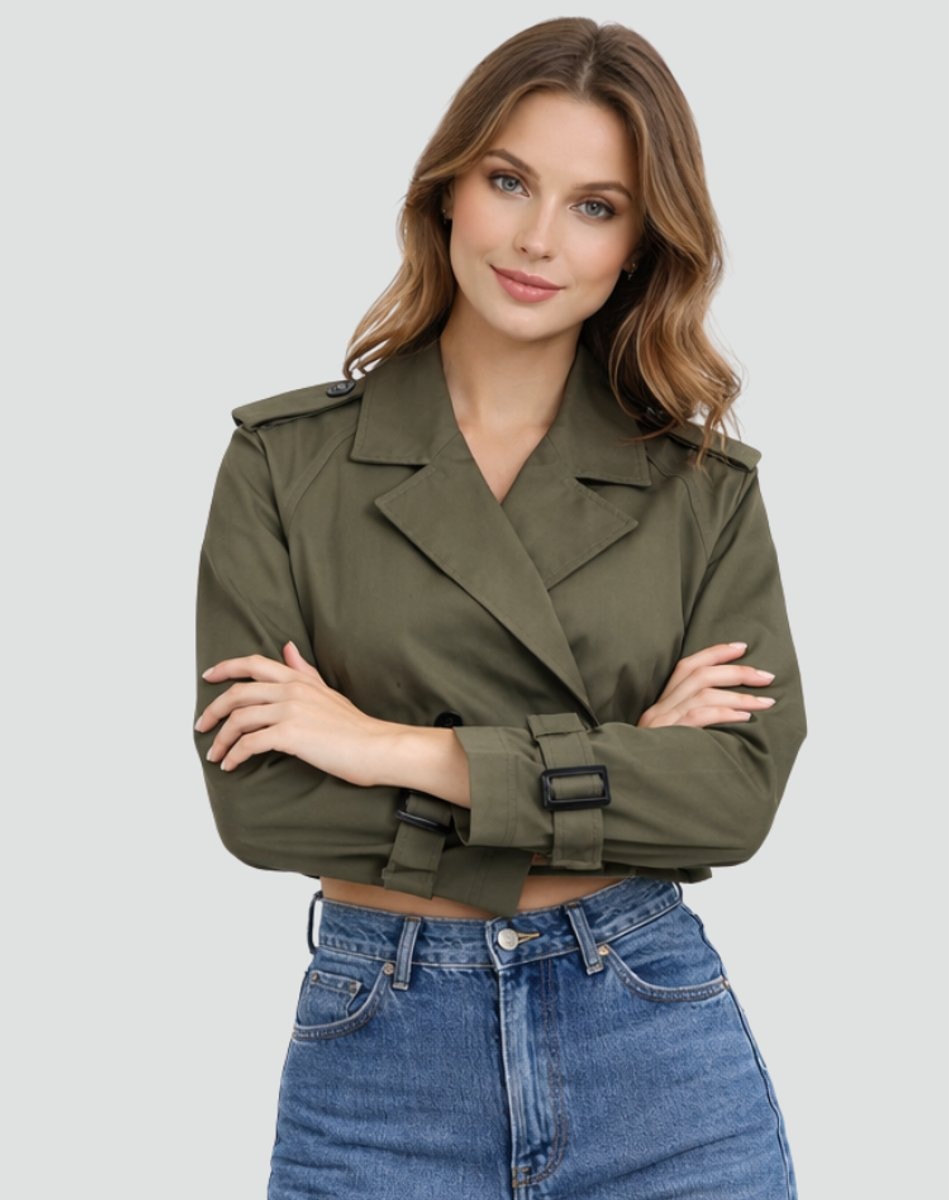 Emma | Women's Cropped Double-Breasted Belted Trench Coat Jacket — 2