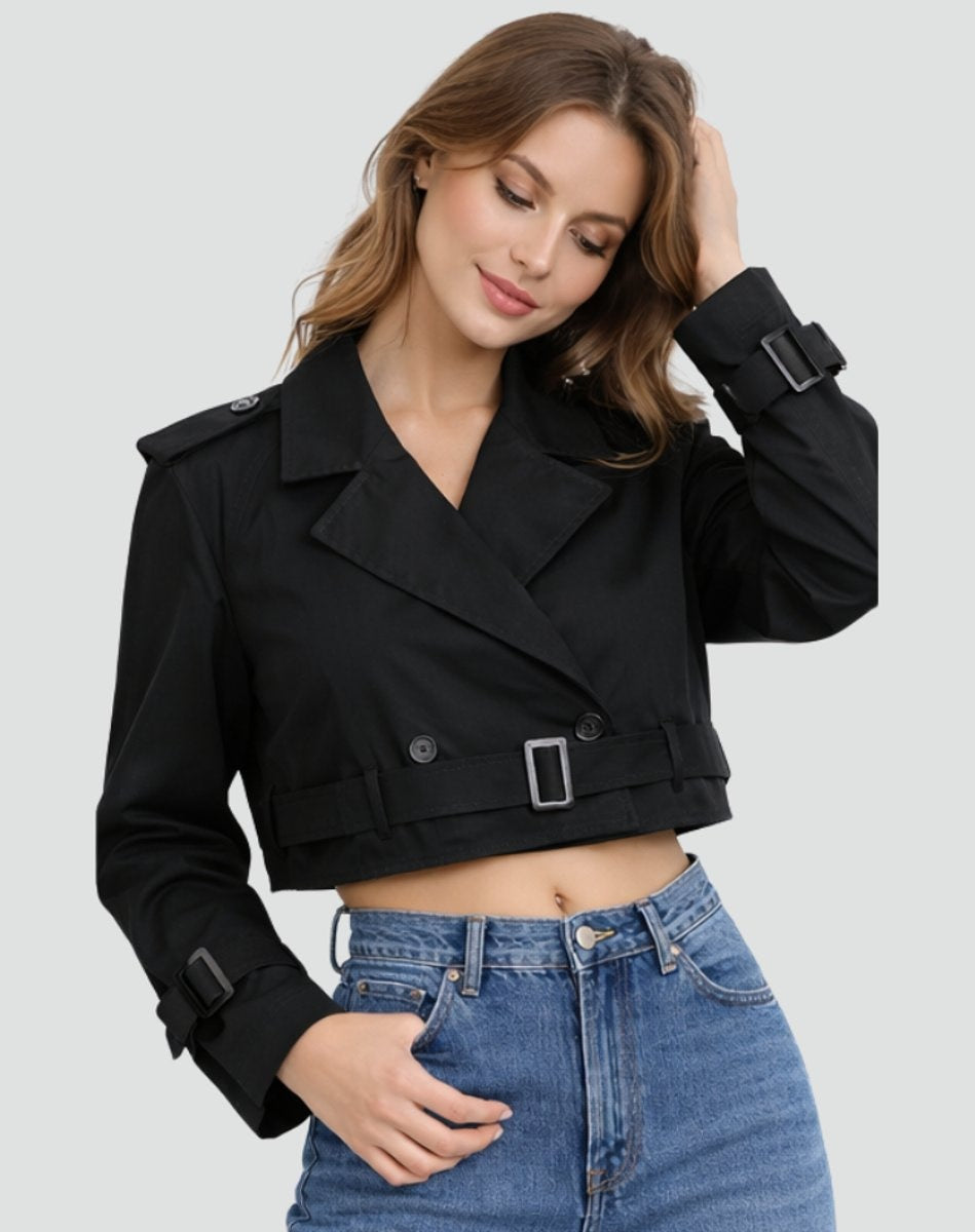 Emma | Women's Cropped Double-Breasted Belted Trench Coat Jacket — 3