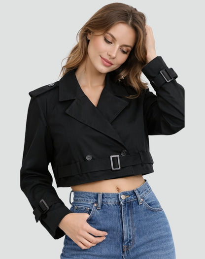 Emma | Women's Cropped Double-Breasted Belted Trench Coat Jacket — 3