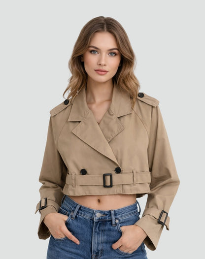 Emma | Women's Cropped Double-Breasted Belted Trench Coat Jacket — 4