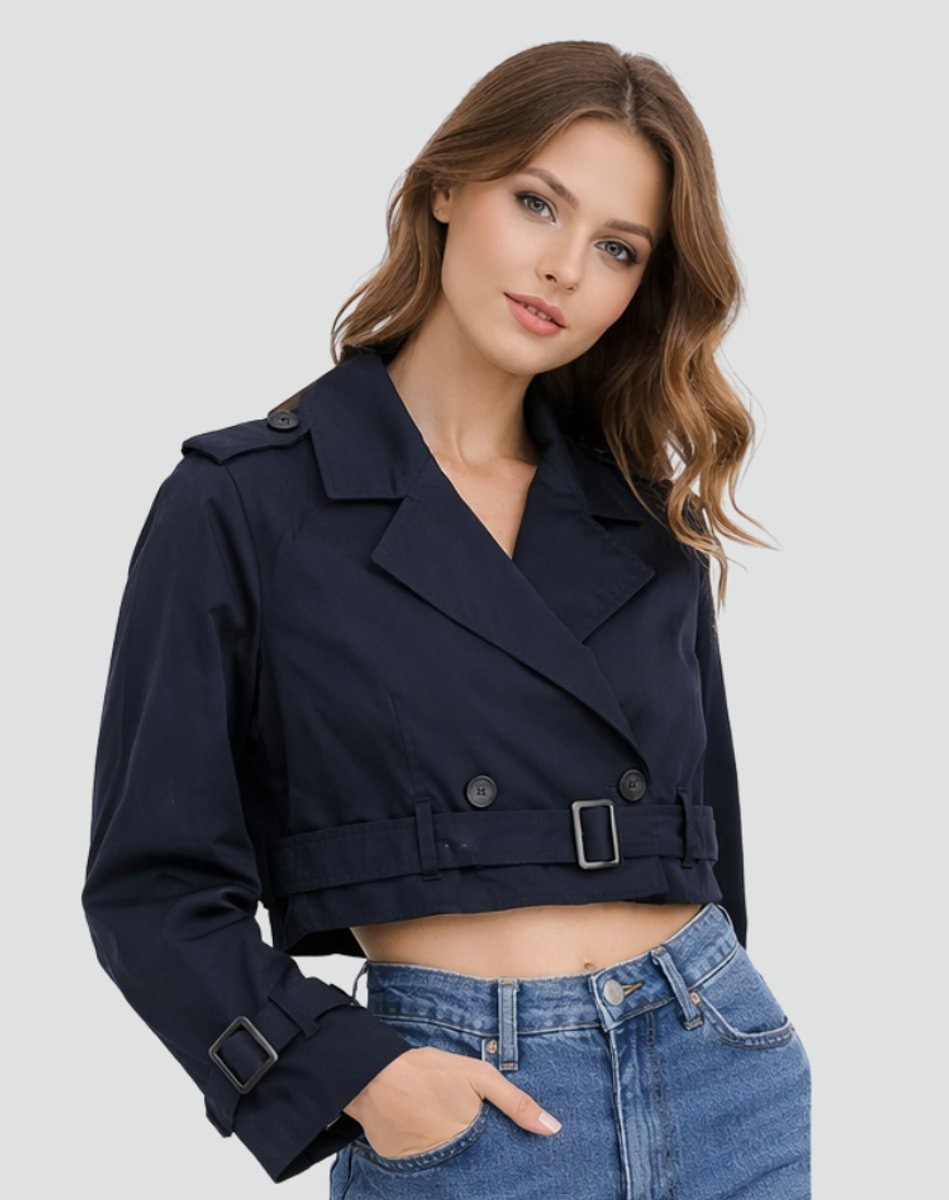 Emma | Women's Cropped Double-Breasted Belted Trench Coat Jacket — 5
