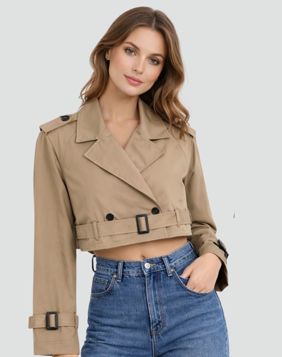 Emma | Women's Cropped Double-Breasted Belted Trench Coat Jacket — 6