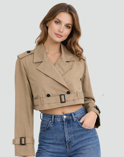 Emma | Women's Cropped Double-Breasted Belted Trench Coat Jacket — 6