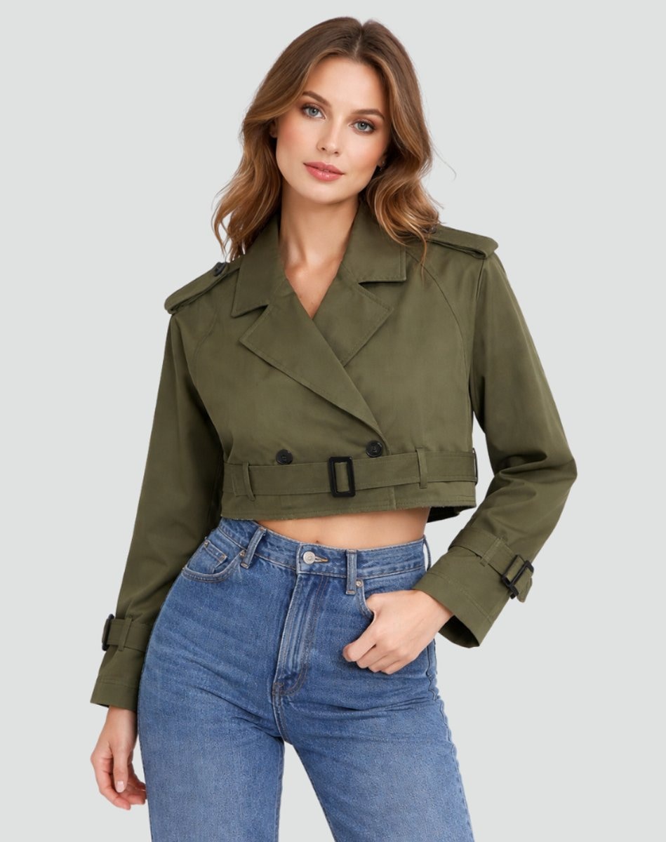 Emma | Women's Cropped Double-Breasted Belted Trench Coat Jacket — 7