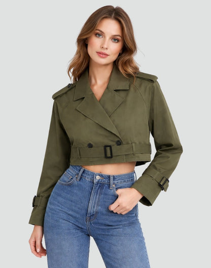 Emma | Women's Cropped Double-Breasted Belted Trench Coat Jacket — 7