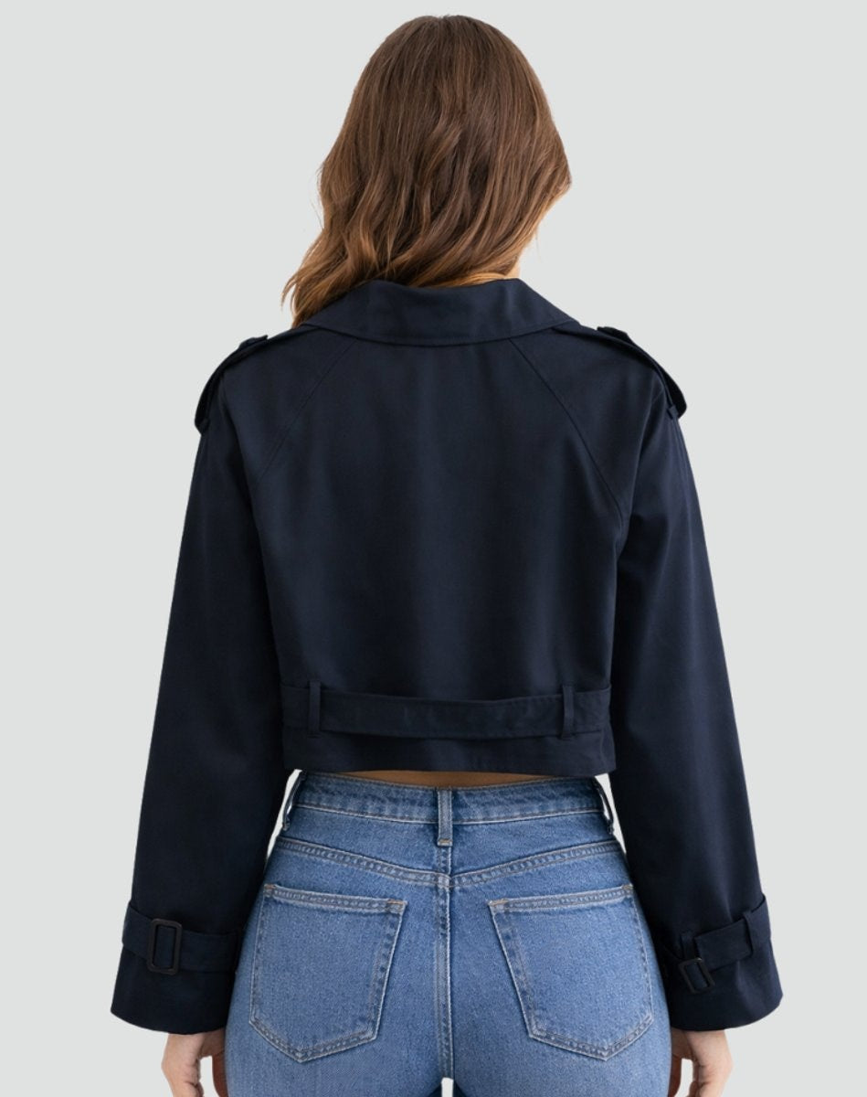 Emma | Women's Cropped Double-Breasted Belted Trench Coat Jacket — 8