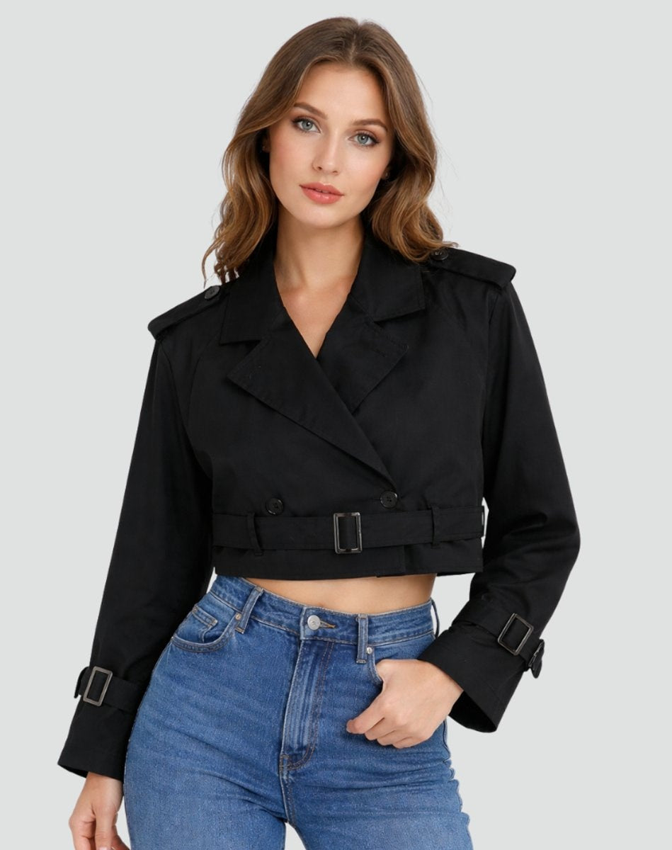 Emma | Women's Cropped Double-Breasted Belted Trench Coat Jacket — 9