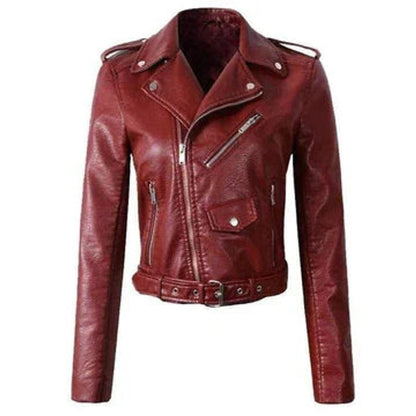 Harper | Women's Cropped Moto Faux Leather Jacket Belted Biker — 1