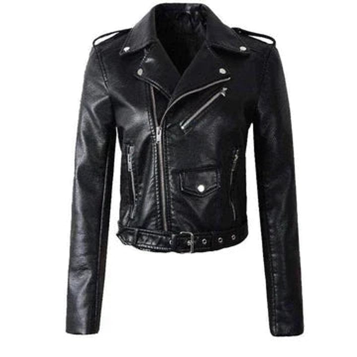 Harper | Women's Cropped Moto Faux Leather Jacket Belted Biker — 2