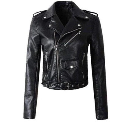 Harper | Women's Cropped Moto Faux Leather Jacket Belted Biker — 2