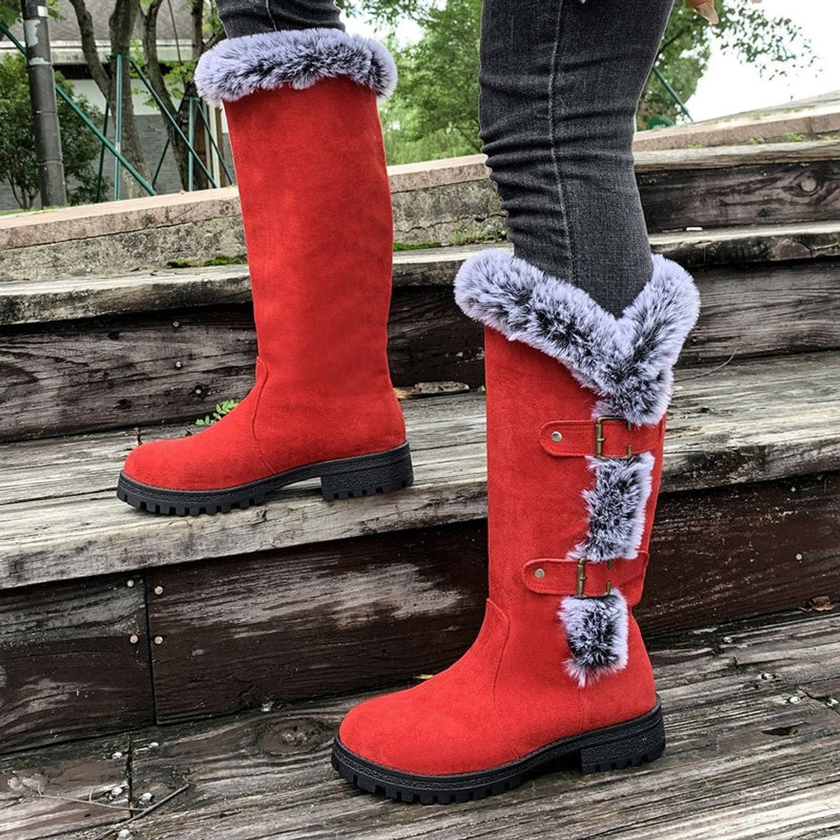 Harper | Women's Faux-Suede Fur-Trim Buckle Knee High Boots — 2