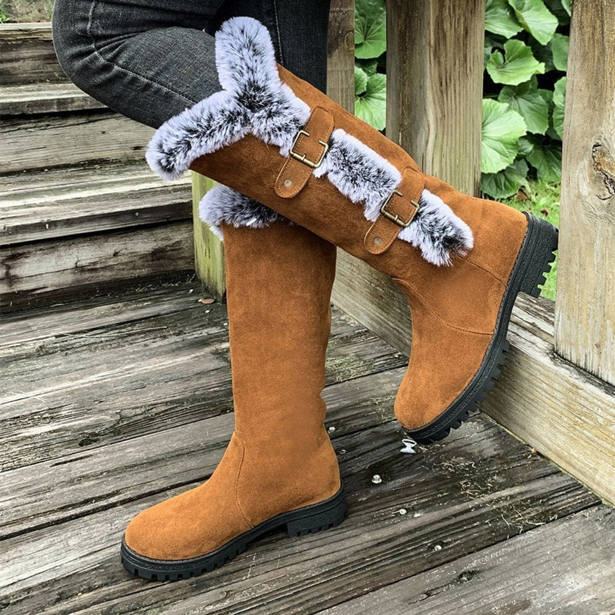 Harper | Women's Faux-Suede Fur-Trim Buckle Knee High Boots — 4