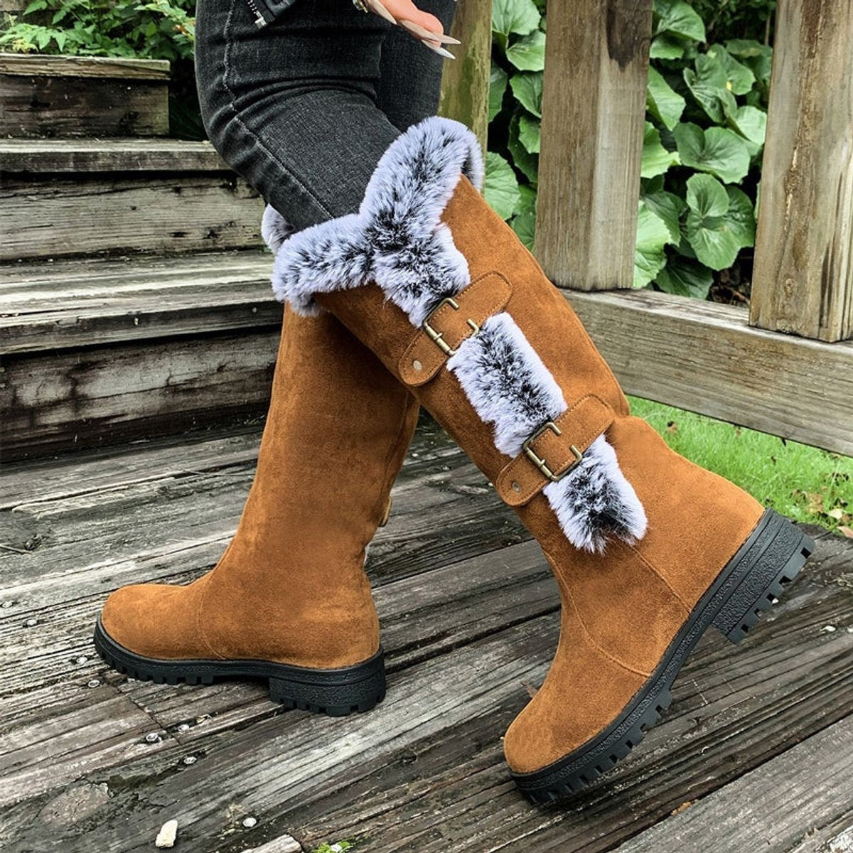 Harper | Women's Faux-Suede Fur-Trim Buckle Knee High Boots — 5